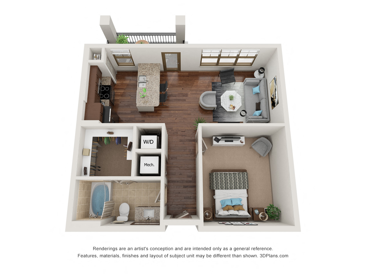 Floor plan for 1 bed, 1 bath, 701 sqft